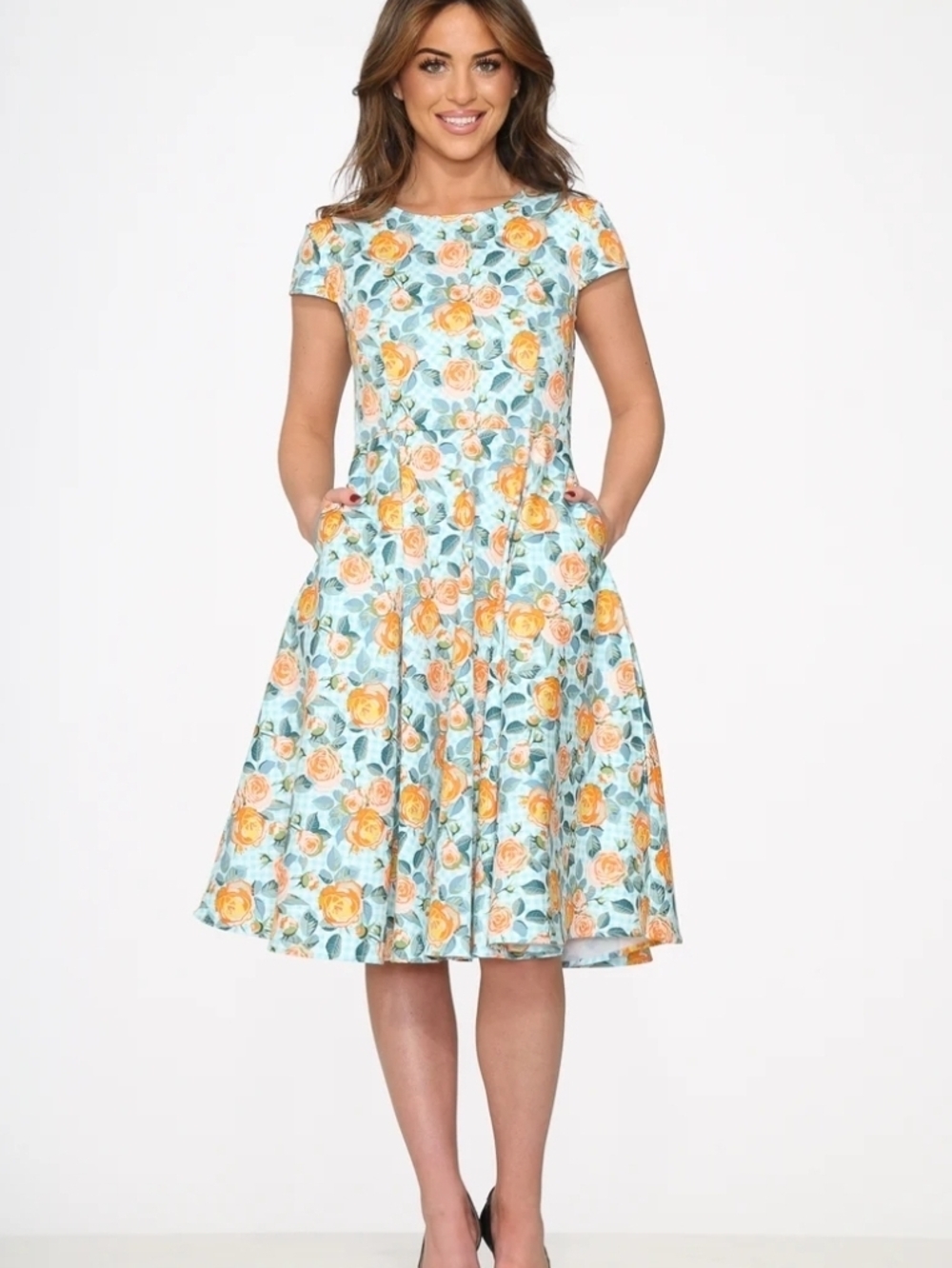 Tea-Length Floral Fit & Flare Dress in Aqua and Orange - Size 14